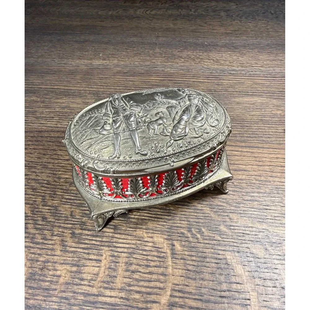 Vintage Metal‎ Jewelry Casket with Red Velvet Interior